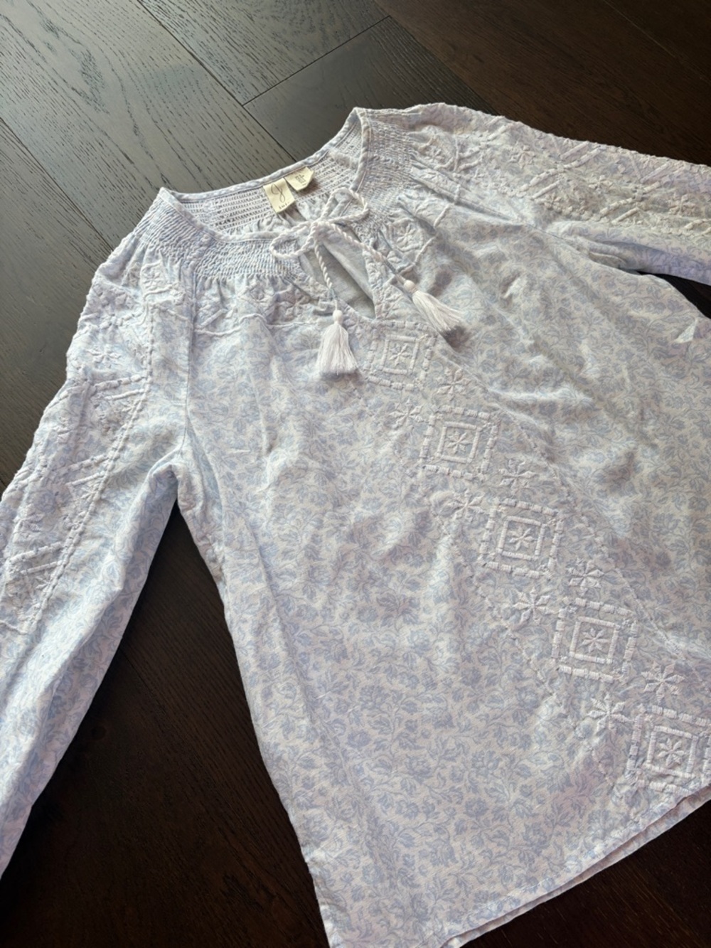 Light Blue Embroidered Peasant Blouse with Tassel Tie